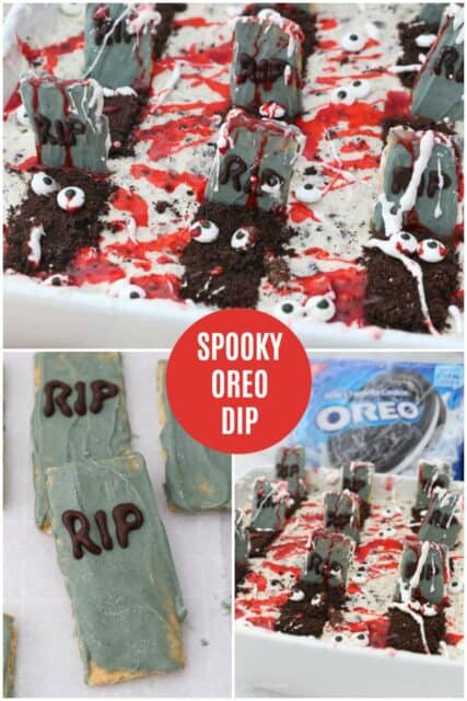 three images collaged together to show a halloween Oreo dip