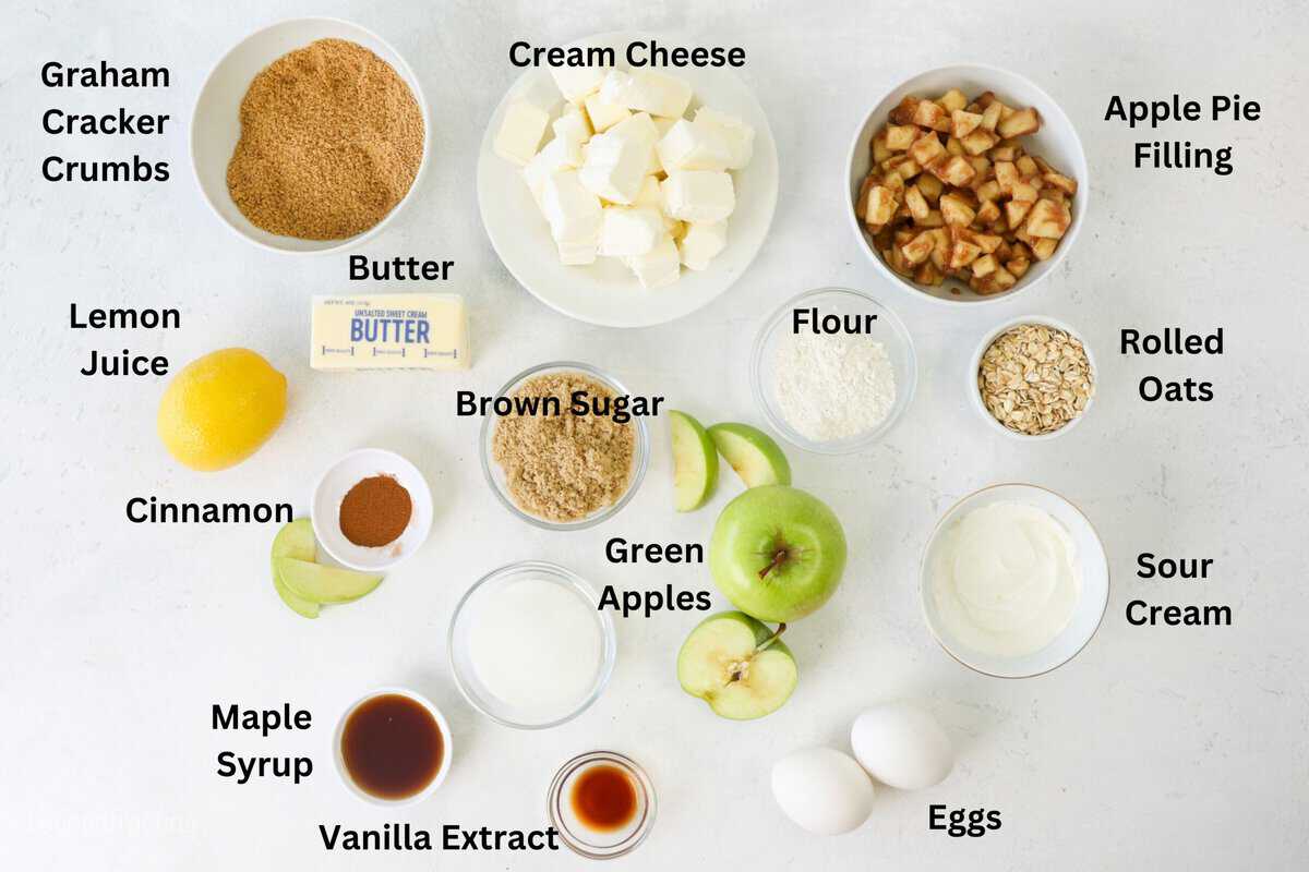 Ingredients for caramel apple cheesecake bars with text labels overlaying each ingredient.