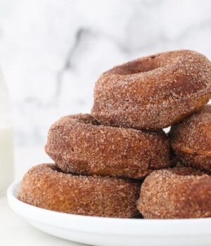 stacked cinnamon and sugar donuts on a white plate