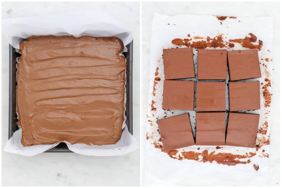 two side by side images of chocolate chesecake bars, in the pan and then sliced