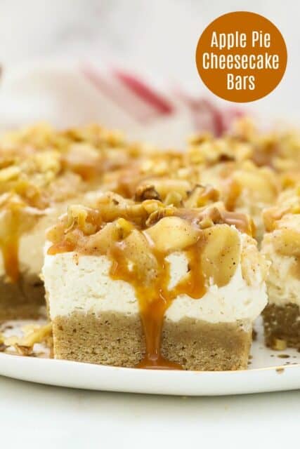 A apple cheesecake bar with a text overlay