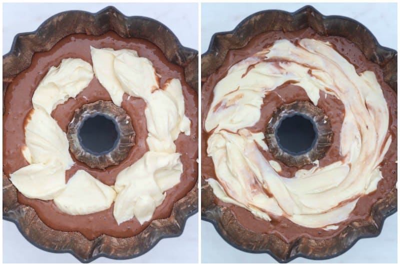 two side by side images of a cream cheese filling swirled into a bundt cake