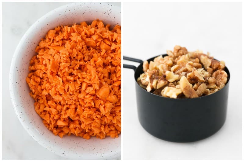 Two side by side images of shredded sweet potatos and chopped walnuts