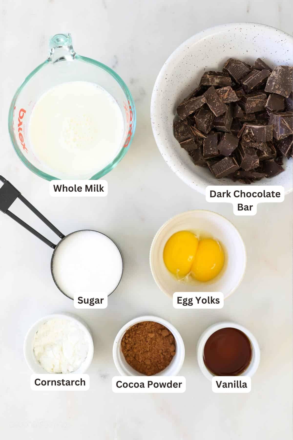 Ingredients for chocolate pudding pie with text labels overlaying each ingredient.