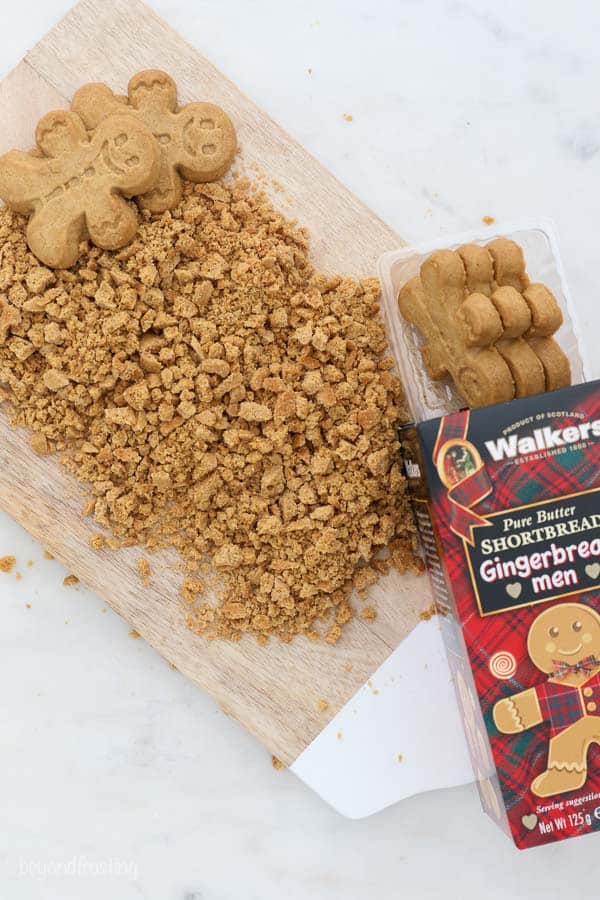 an overhead shot of chopped Walkers Gingerbread Cookies