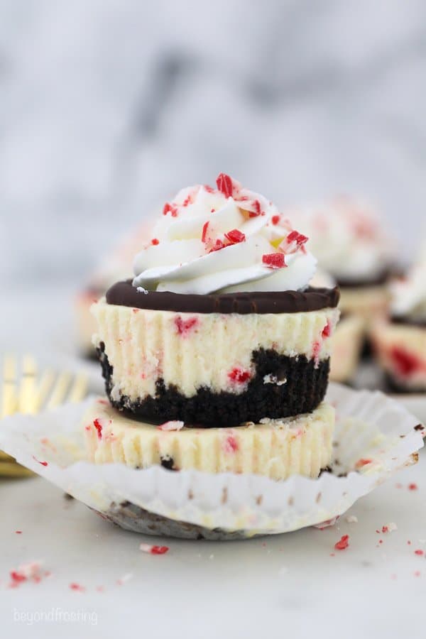 two stacked mini peppermint cheesecakes without wrappers