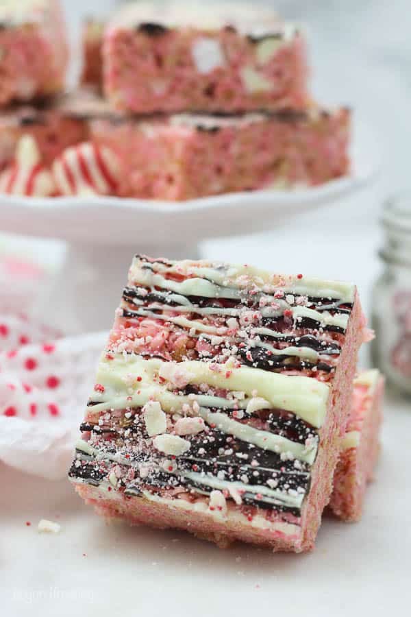 the top of a peppermint rice krispie treat sprinkled with chocolate
