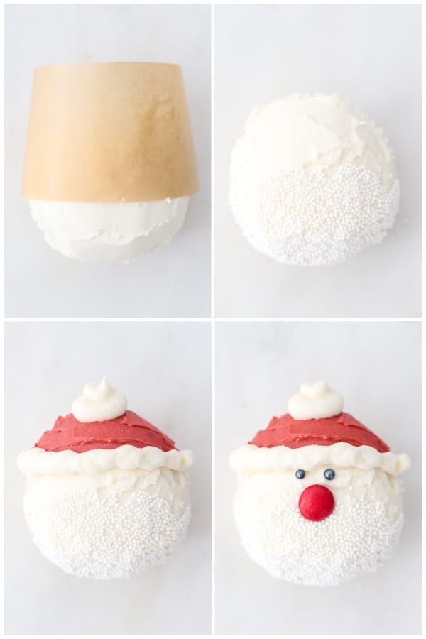 4 images showing you how to decorate a Santa cupcake