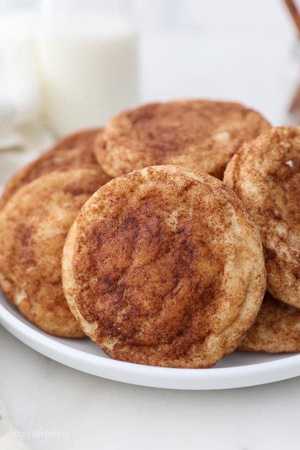 close up shot of a snickerdoodle cookie on a white plate