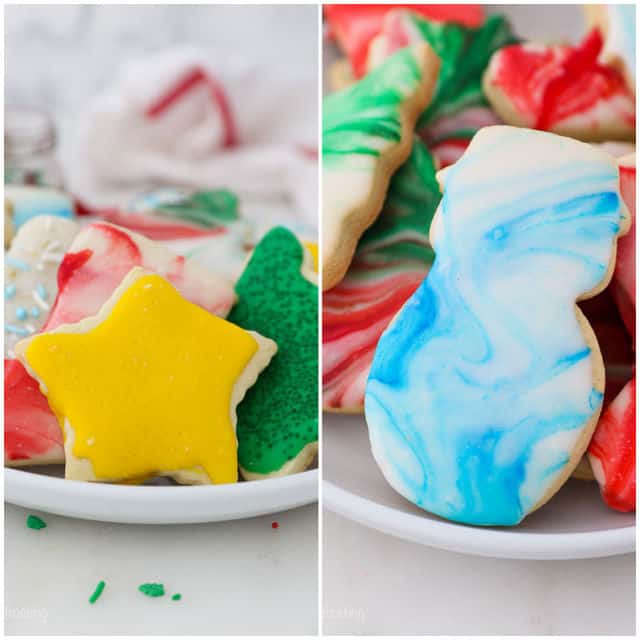 two plates of sugar cookies decorated with colored icing