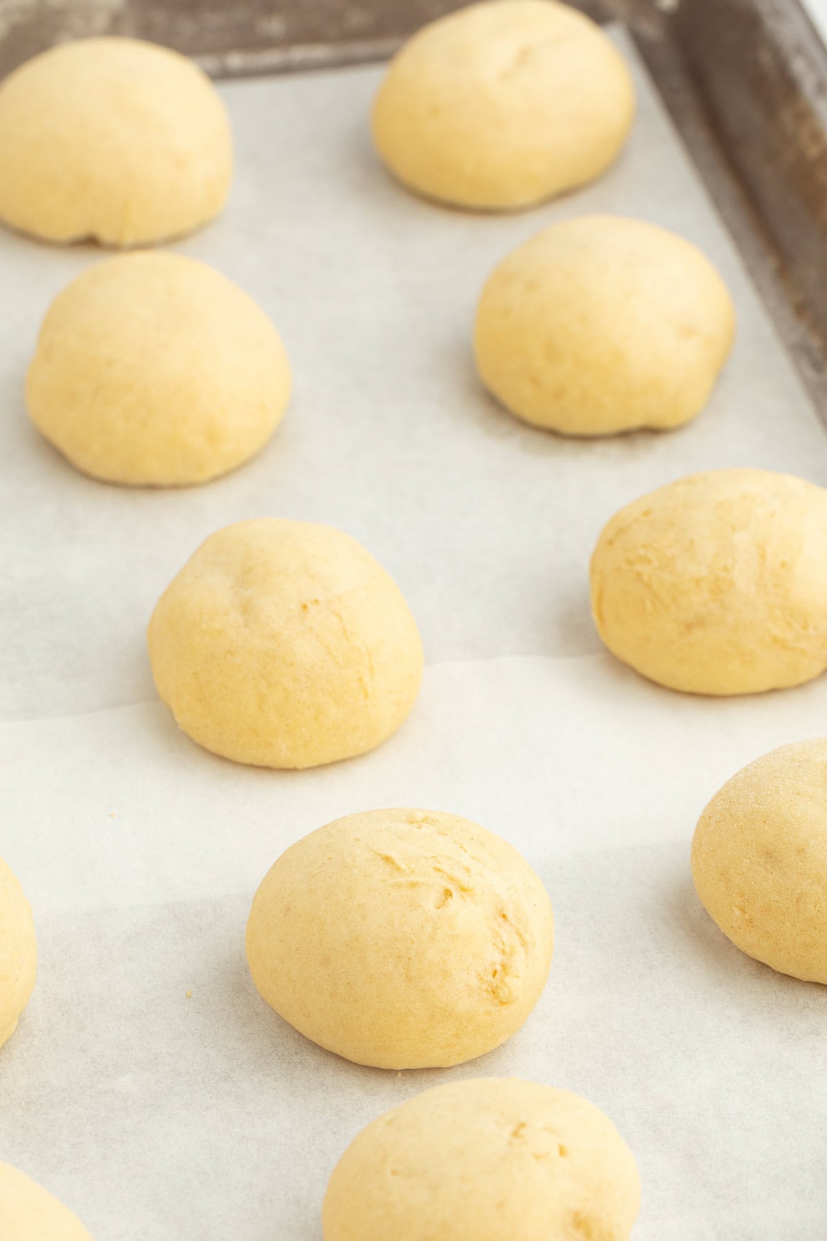 Italian anise cookies are traditional, cake-like Christmas cookies dipped in glaze and topped with sprinkles. Perfect for cookie platters! Close up of anise cookies in rows on a baking sheet.
