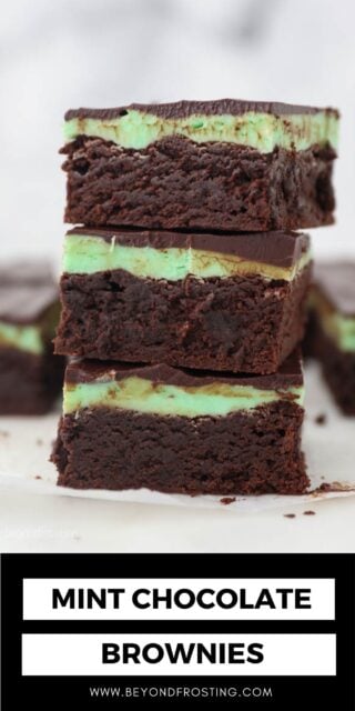 A picture of 3 stacked mint brownies with text overlay