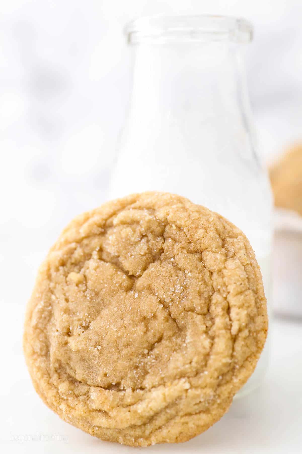 A brown sugar cookie leaning against a glass of milk.