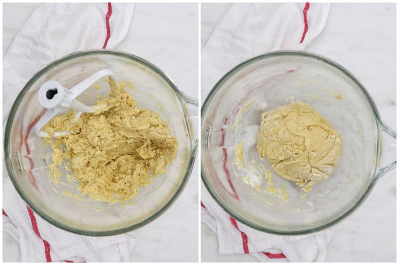 two side by side images of a glass mixing bowl with dough