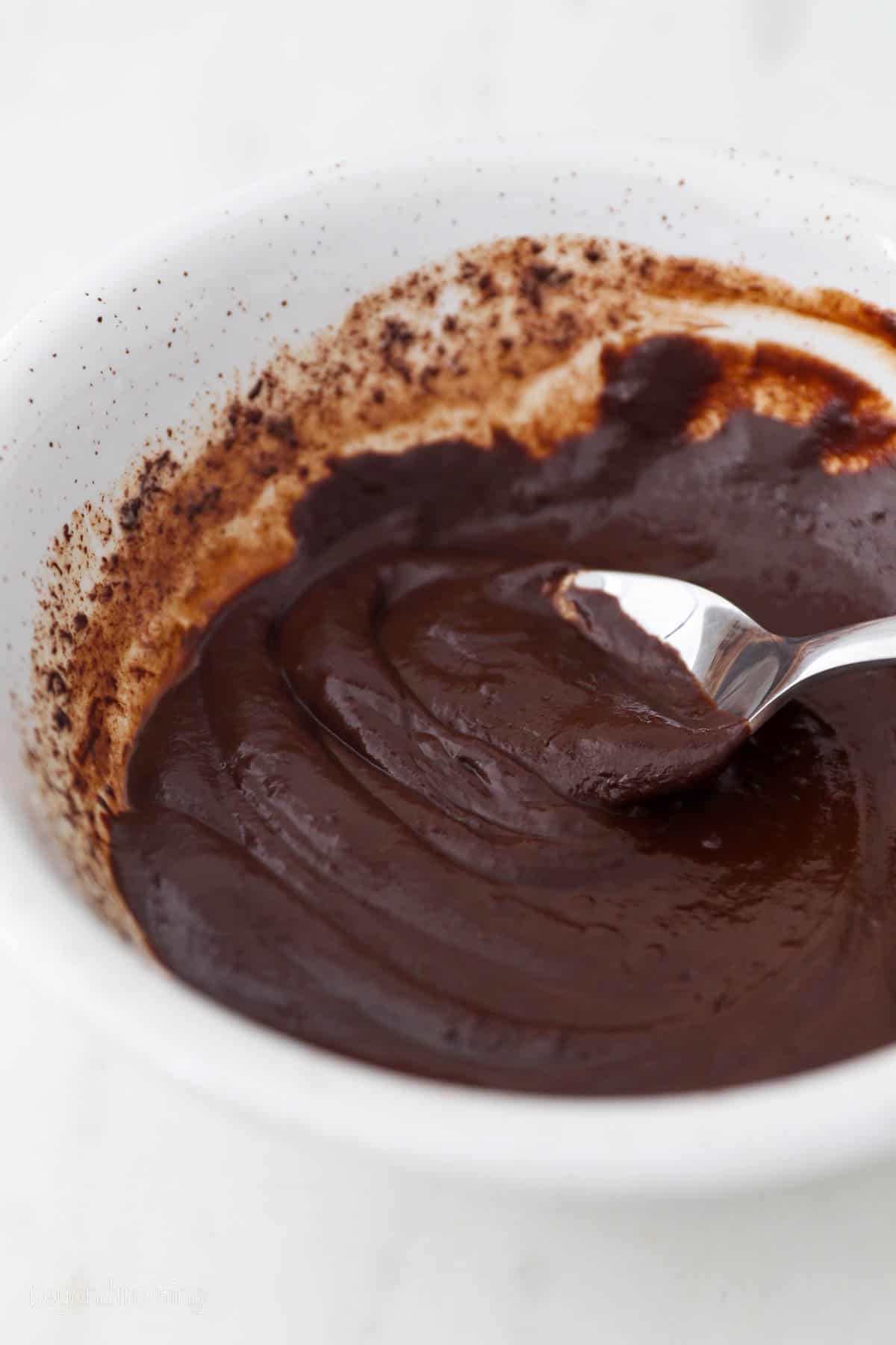 A spoon dipped into a bowl of melted chocolate.