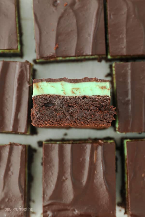 A top view showing the side of a mint brownie