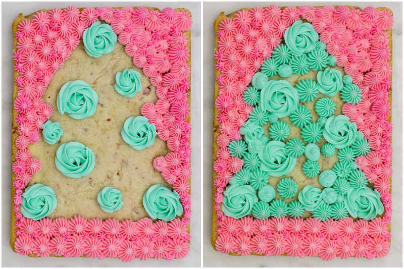 two side by side images of piping a Christmas tree with buttercream