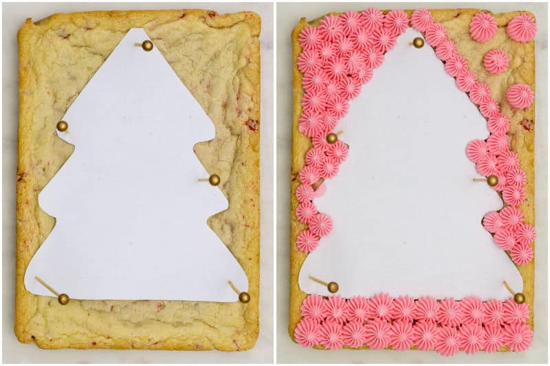 two step by step photos of making a Christmas tree sugar cookie