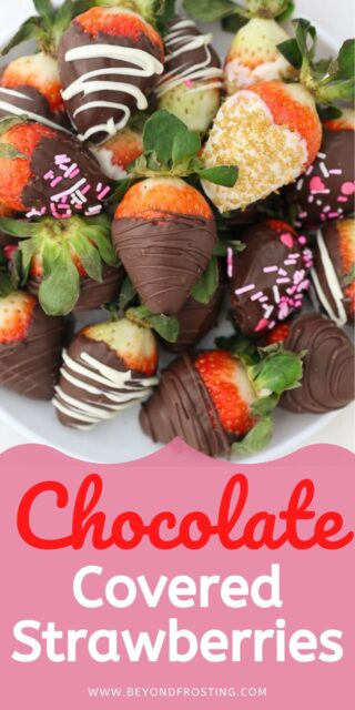 A photo of chocolate covered strawberries with a text overlay