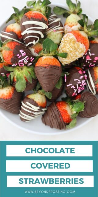 A photo of chocolate covered strawberries with a text overlay