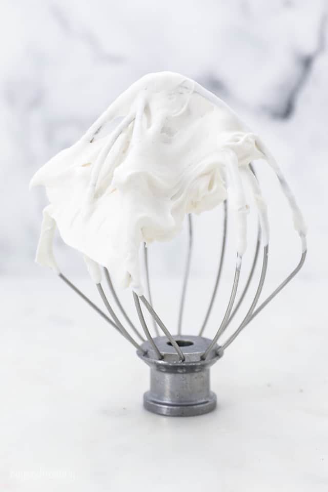 Dairy-Free Whipped Cream with Soft Peaks on a Metal Whisk Attachment