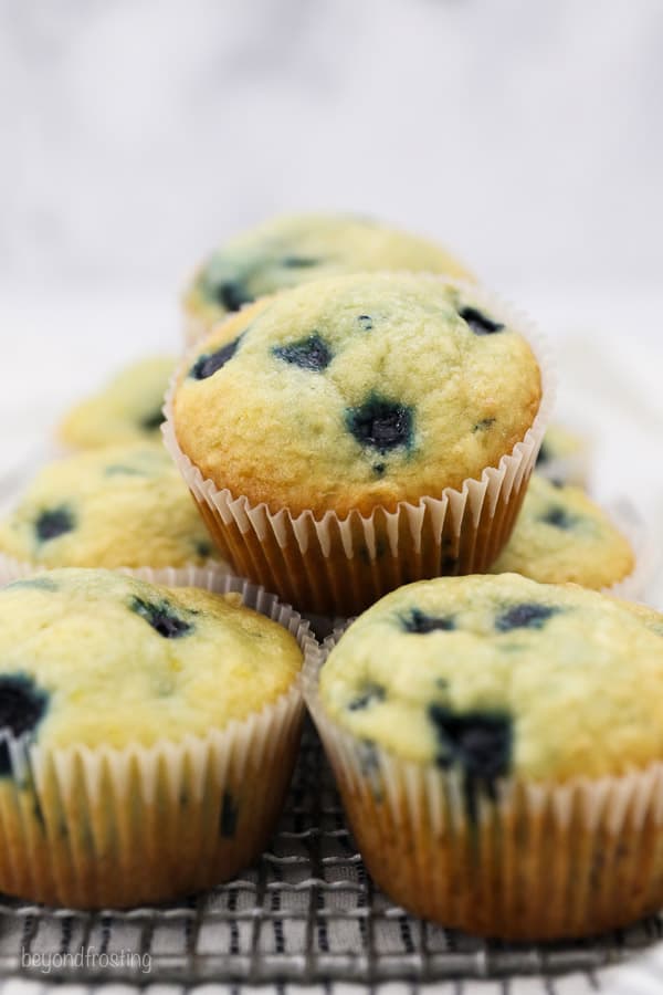 A close up of a group of blueberry muffins