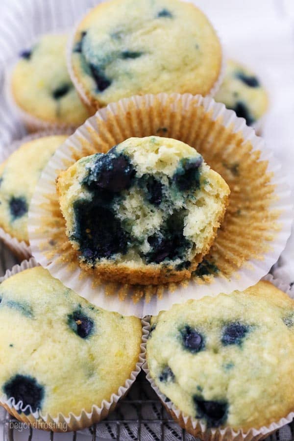 A top down view of the center of a blueberry muffin