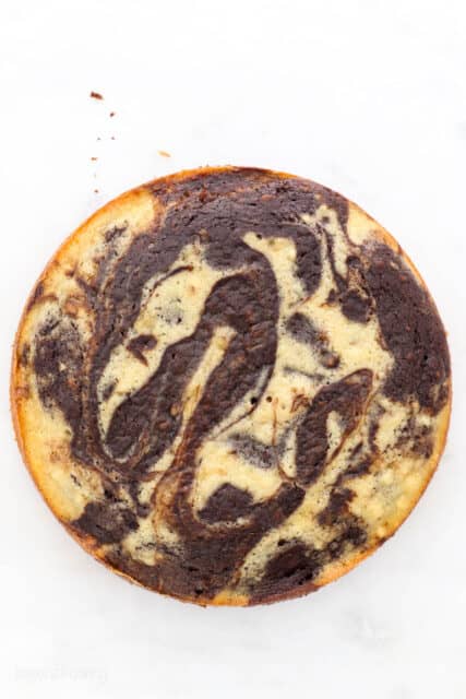 Overhead view of baked marble cake.