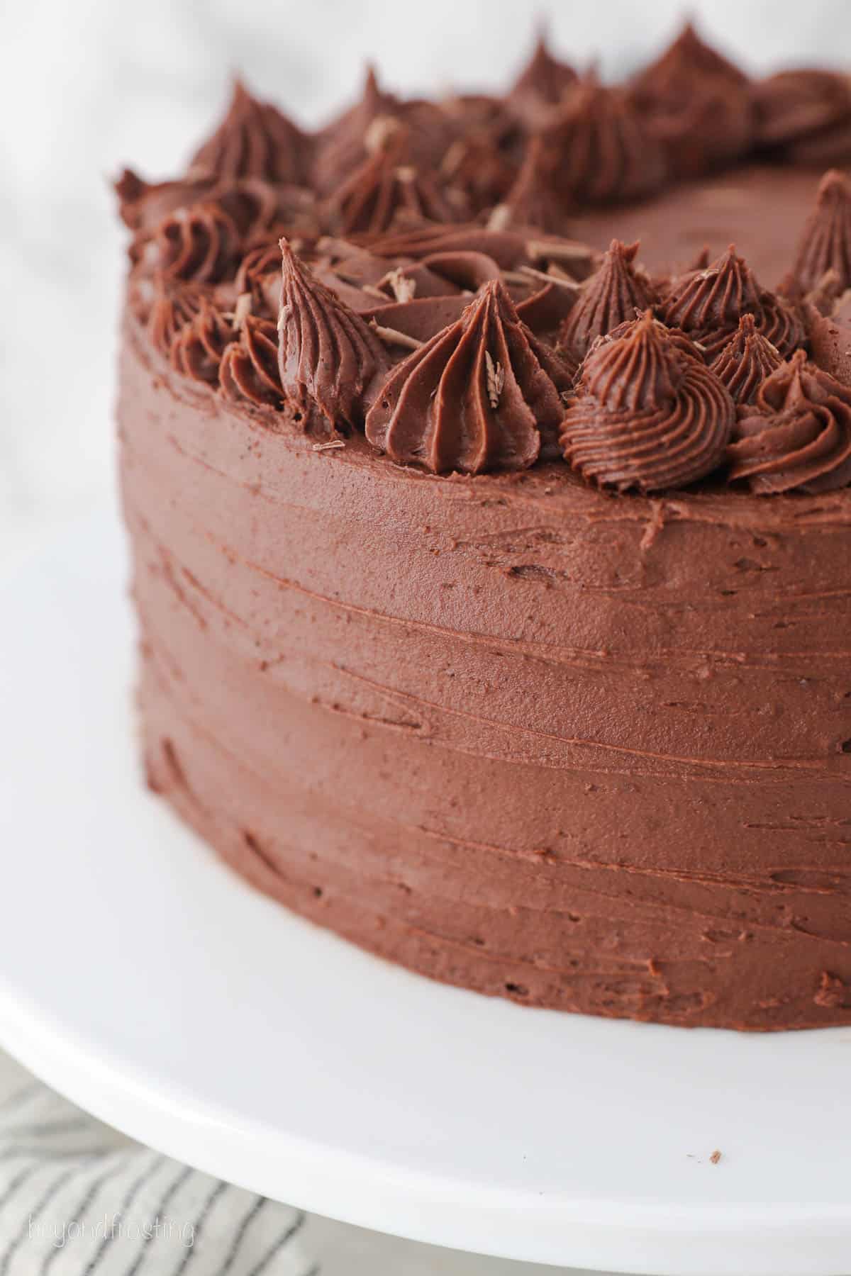 Close up side view of a frosted and decorated marble cake on a white cake stand.