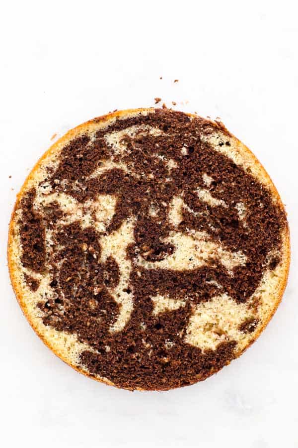 a top view of a marble cake that has been leveled showing the inside of the cake