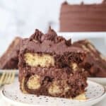 A side view of a slice of marble cake with chocolate frosting