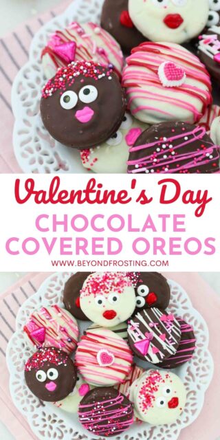 Two images of chocolate covered Oreos decorated for Valentine's Day with a text overlay