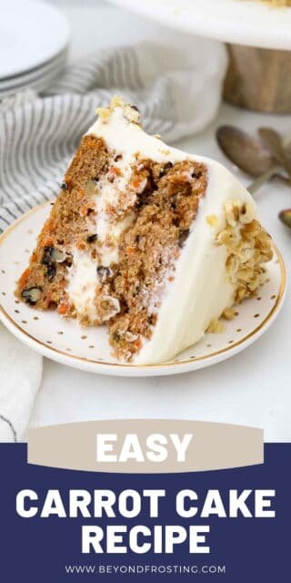 a slice of carrot cake on a gold plate, text overlay on photo