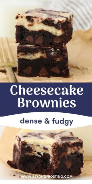 Two collage images of cheesecake brownies and text overlay