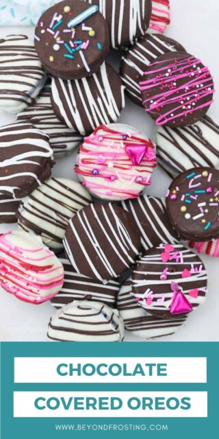 A pile of chocolate covered Oreos decorated with sprinkles and a text overlay