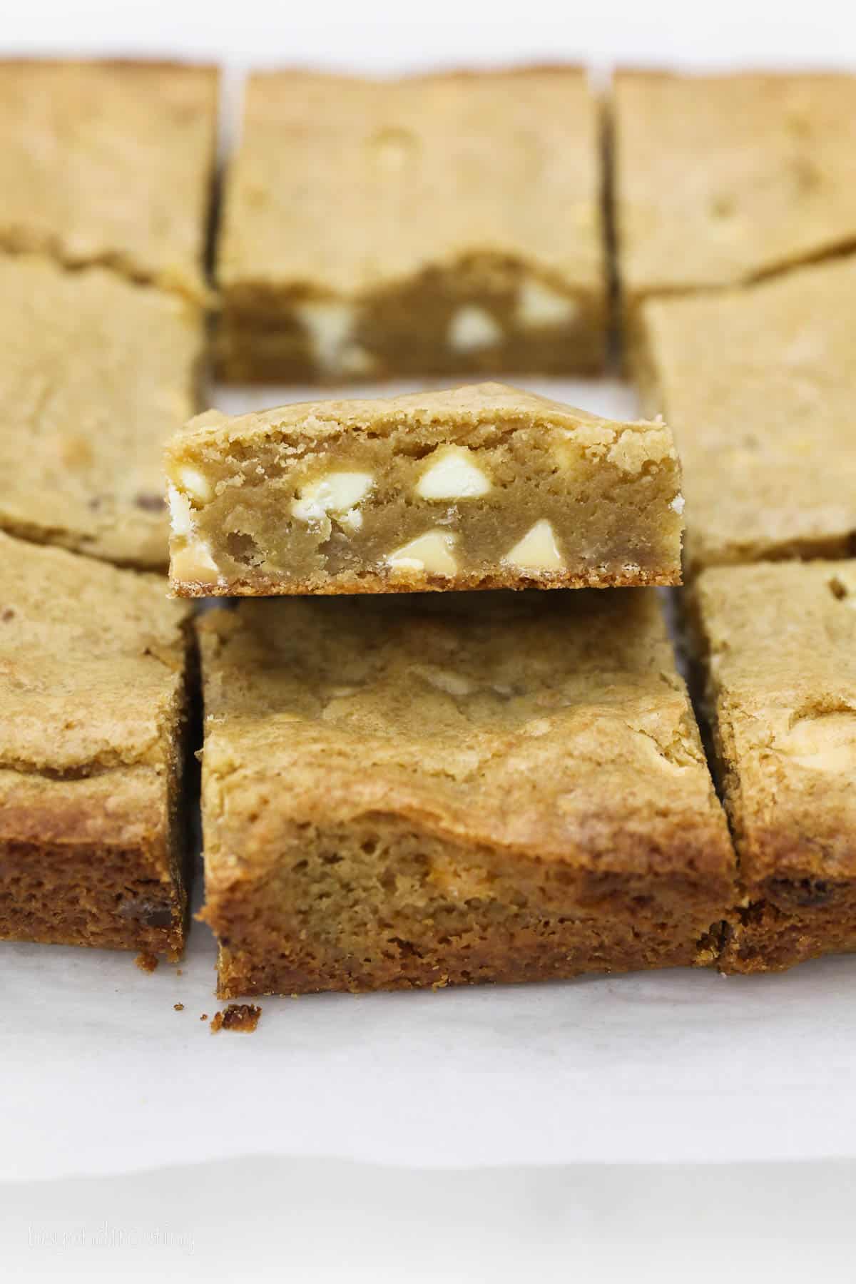 Close up of assorted blondies in rows on a countertop.