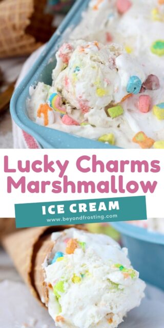 Two photos of lucky charms ice cream, one in a dish and one in a cone with text ovrelay