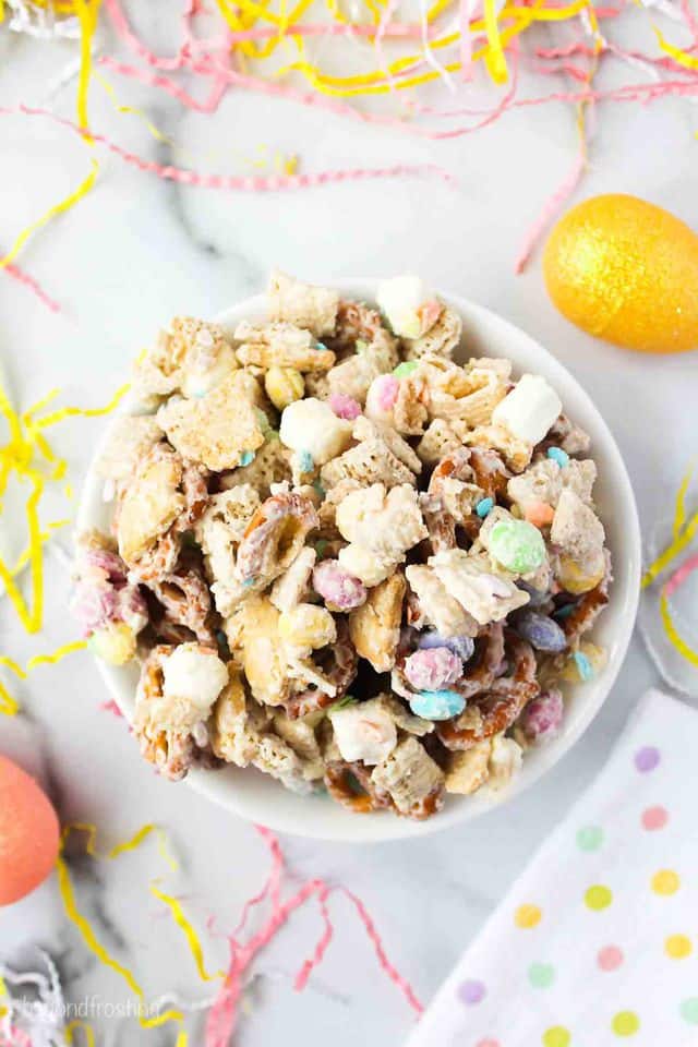 overhead shot of bunny bait in a bowl with a pastel polka dot napkin