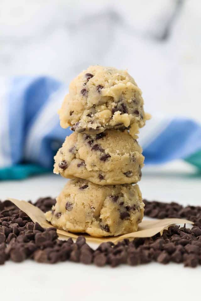 A Stack of Three Scoops of Homemade Chocolate Chip Cookie Dough