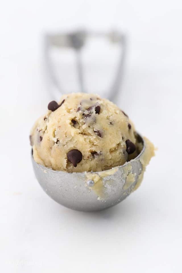 A Ball of Edible Chocolate Chip Cookie Dough in an Ice Cream Scoop