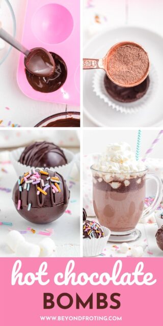Four step by step photos of hot chocolate bombs with a text overlay