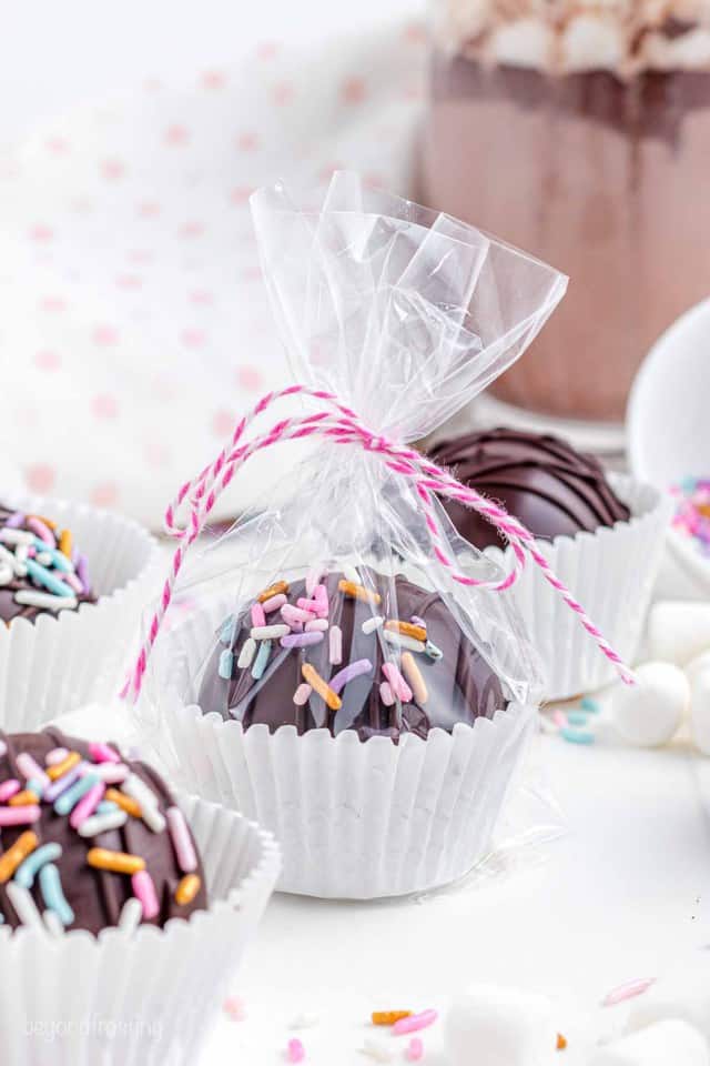 a cellophane bag with a hot chocolate bomb tied with pink bakers twine