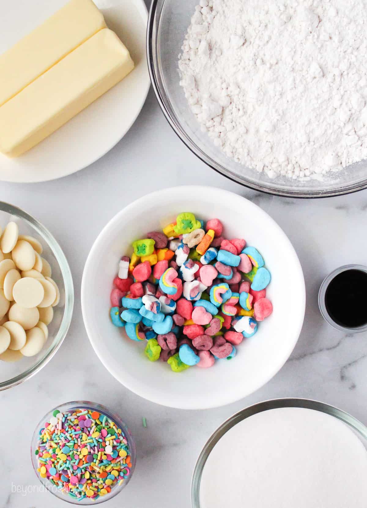 The ingredients for Lucky Charms cookies.