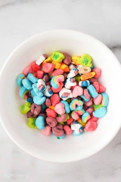 overhead shot of a bowl of lucky charms marshmallows
