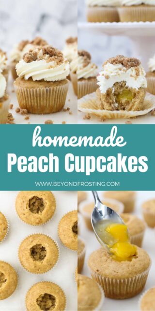 4 collage images with text showing step by step photos to make peach cupcake
