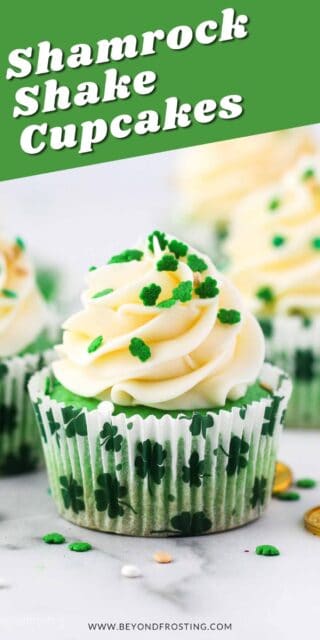 an image of green shamrock shake cupcakes with text overlay