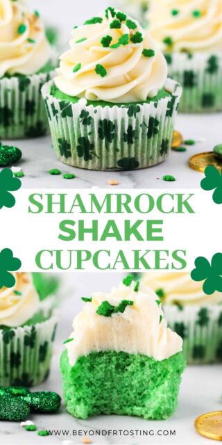 two images of green shamrock shake cupcakes with text overlay