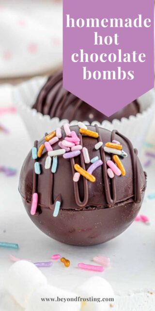 A photo of a hot chocolate bomb with sprinkles and a text overlay