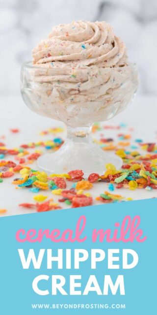 a small ice cream dish with whipped cream surrounded by Fruity Pebbles Cereal with a text overlay