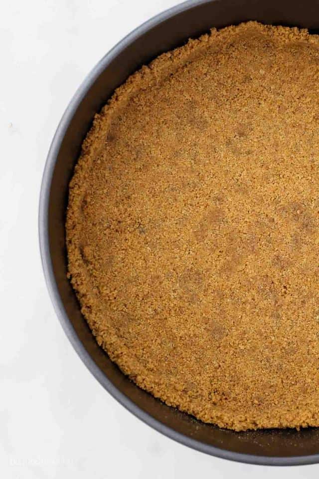 A close-up of graham cracker crust in a springform pan.